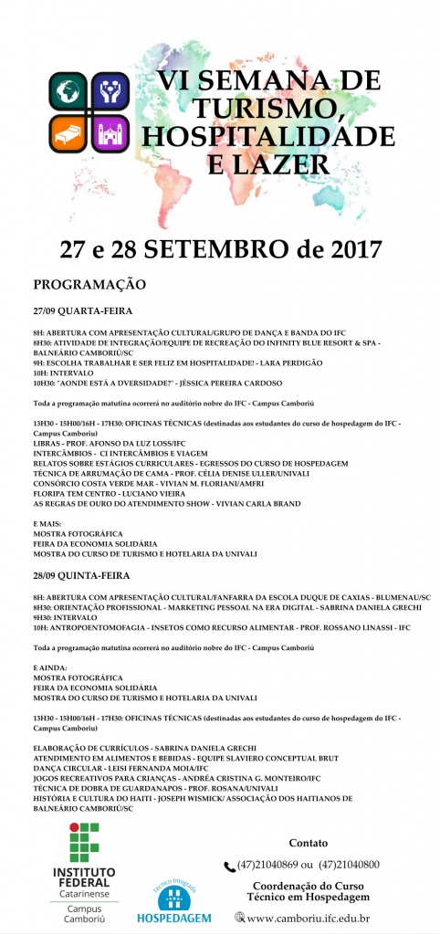 PROGRAMAÇÃO VI SEMANA DE TURISMO, HOSPITALIDADE E LAZER